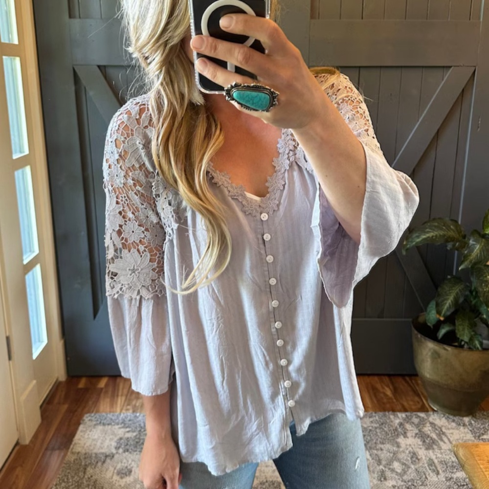 New Boho Grey Lace Festival Button Front Blouse Western Boutique Vintage Top - Picture 7 of 9